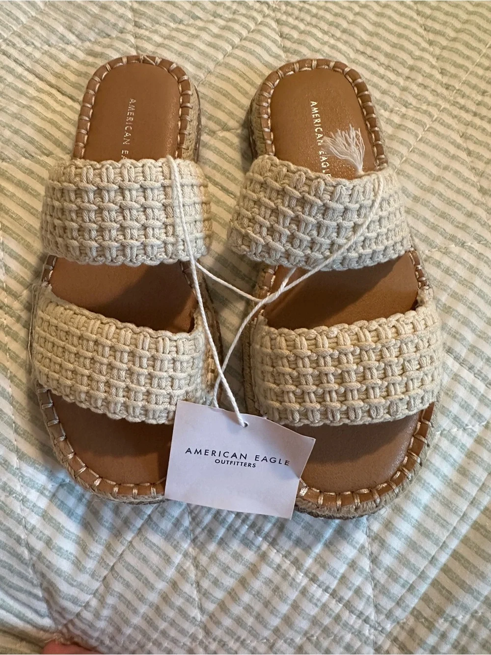 American Eagle Outfitters Natural Woven Double-Strap Slide Sandals